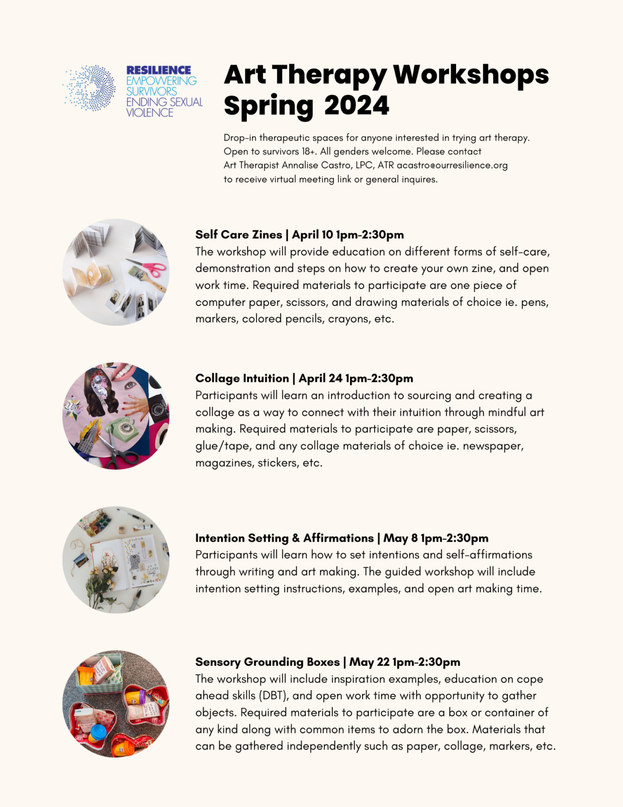 Spring 2024 Art Therapy Workshops - Resilience